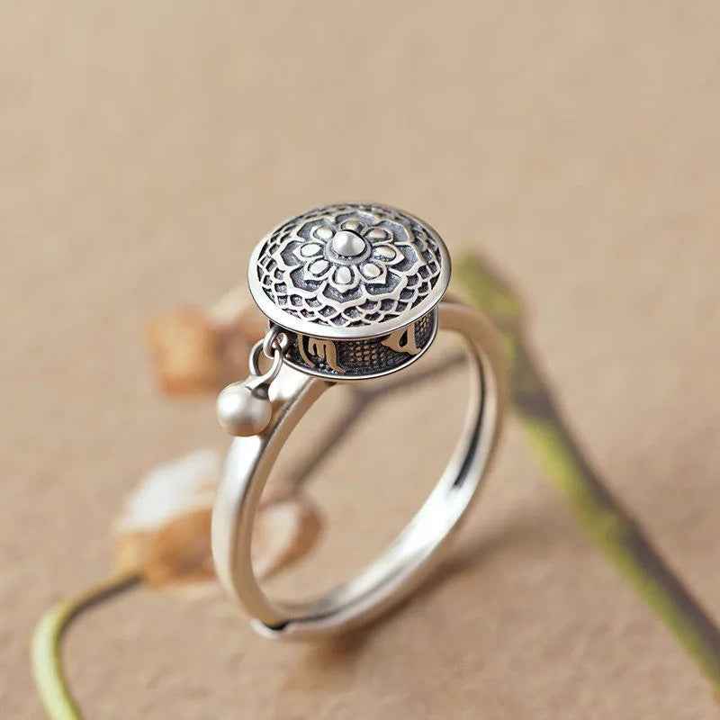 Om Mani Padme Hum Prayer Wheel Ring Open Finger Ring Vintage Lotus Rotating Ring - Lunaria