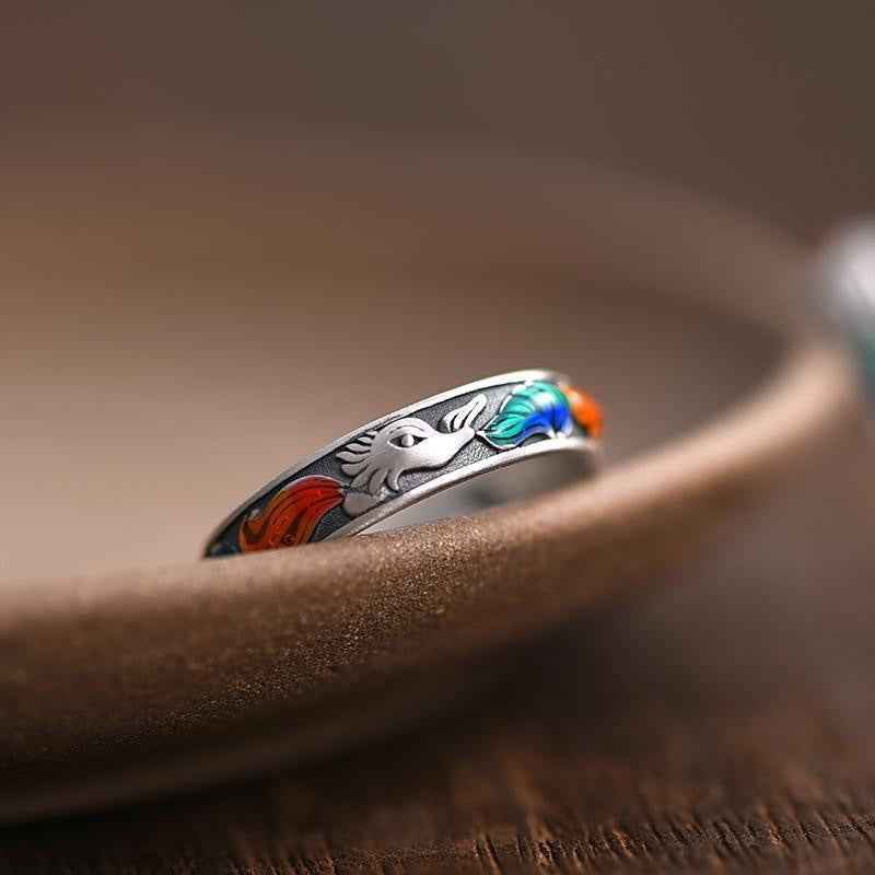 Enamel Colored Nine-tailed Fox ring Retro Ethnic Style Blessing ring Adjustable Opening - Lunaria
