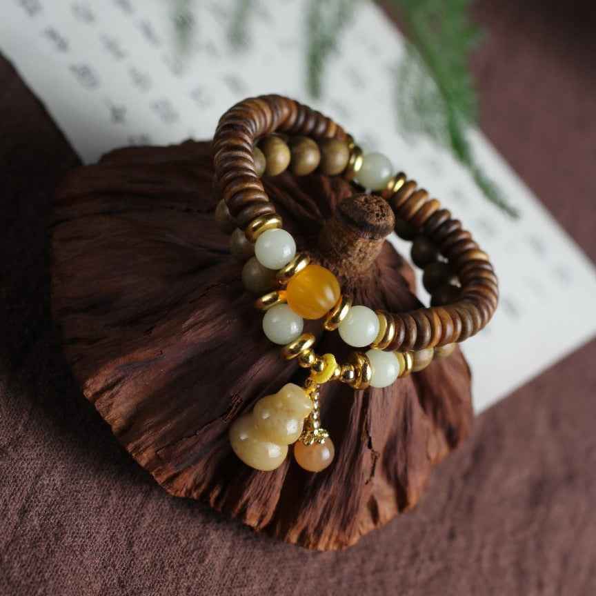 Green Sandalwood Beads DIY Gold Jade Gourd Bracelet Retro Buddhist Stone - Lunaria