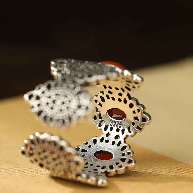 Unique Coral Thai Silver South Red Agate Hetian Jade Ring Retro Ethnic Style - Lunaria