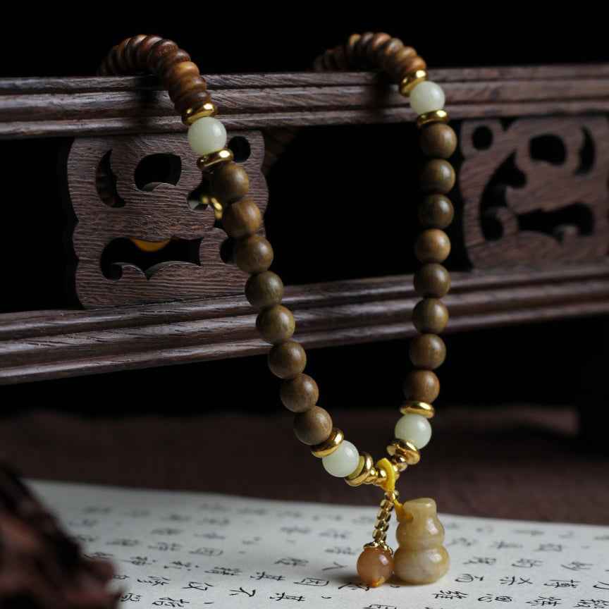 Green Sandalwood Beads DIY Gold Jade Gourd Bracelet Retro Buddhist Stone - Lunaria