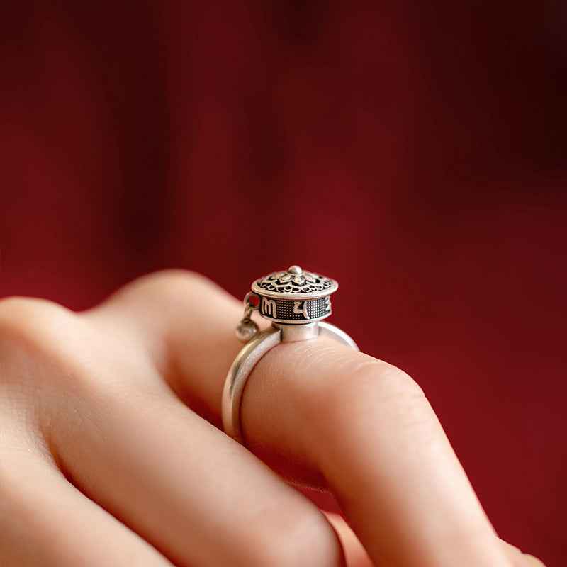Om Mani Padme Hum Prayer Wheel Ring Open Finger Ring Vintage Lotus Rotating Ring - Lunaria