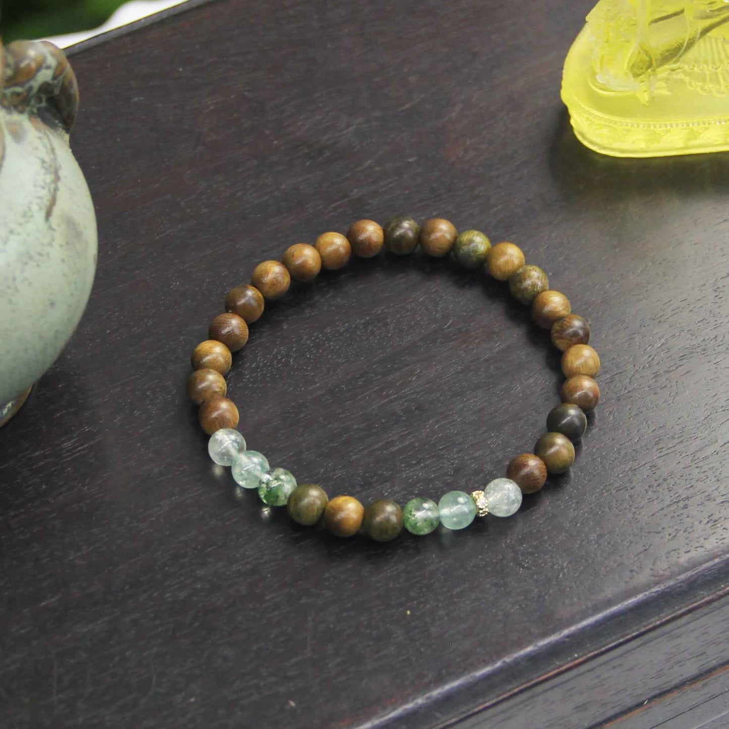 Natural Green Ghost Crystal Green Sandalwood Bracelet New Chinese Style - Lunaria