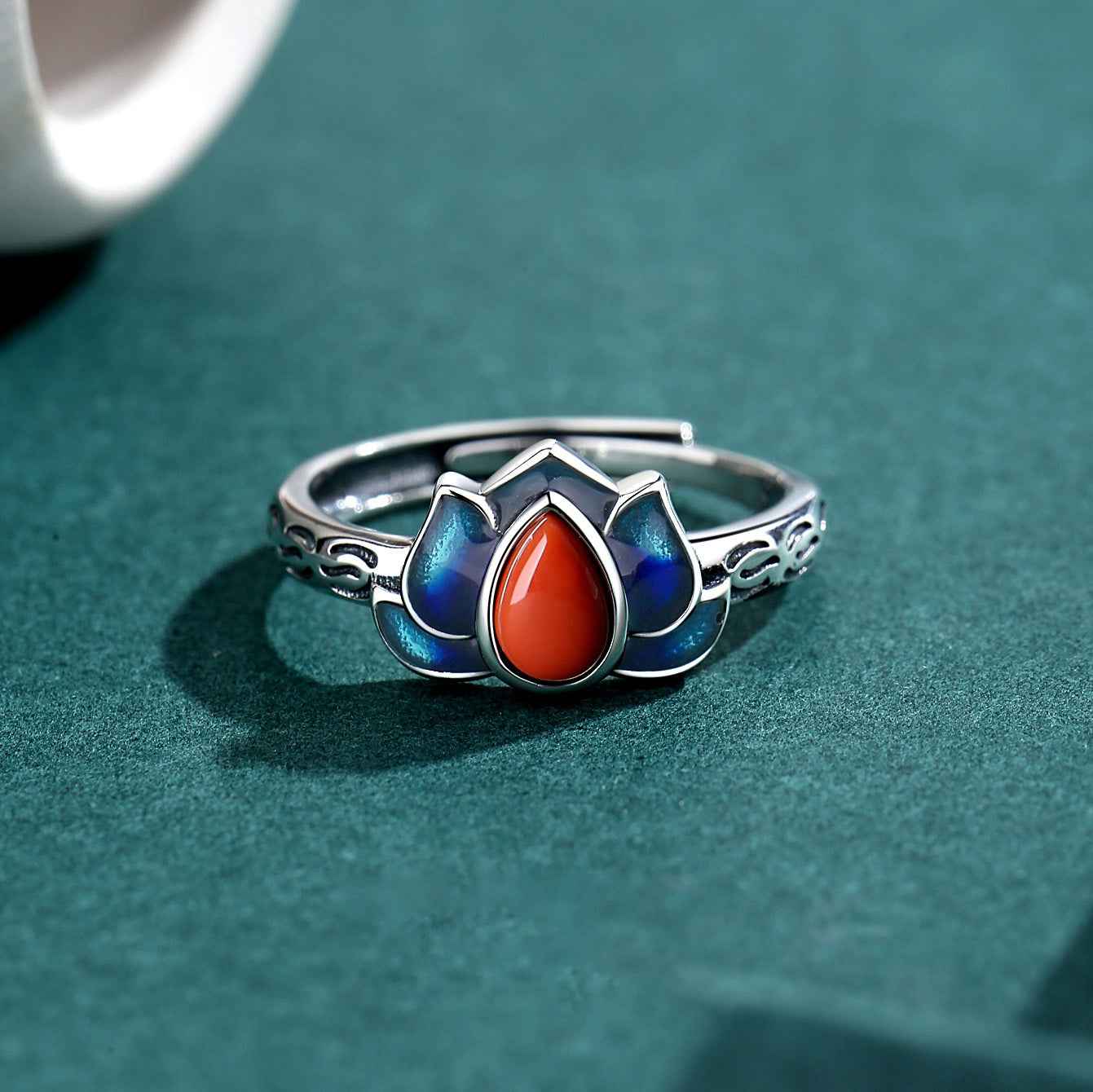 Tibetan Cloisonne Lotus Ring Chinese Style S925 Silver Retro Ring - Lunaria