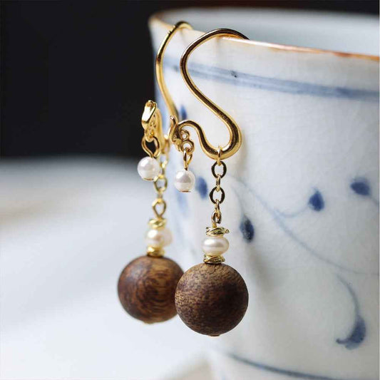 Agarwood Vintage Handmade Long Earrings Pearl Simple Health Earrings - Lunaria