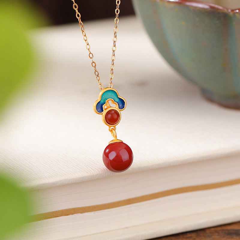 Vintage Auspicious Cloud Necklace Cinnabar Pendant Clavicle Chain - Lunaria