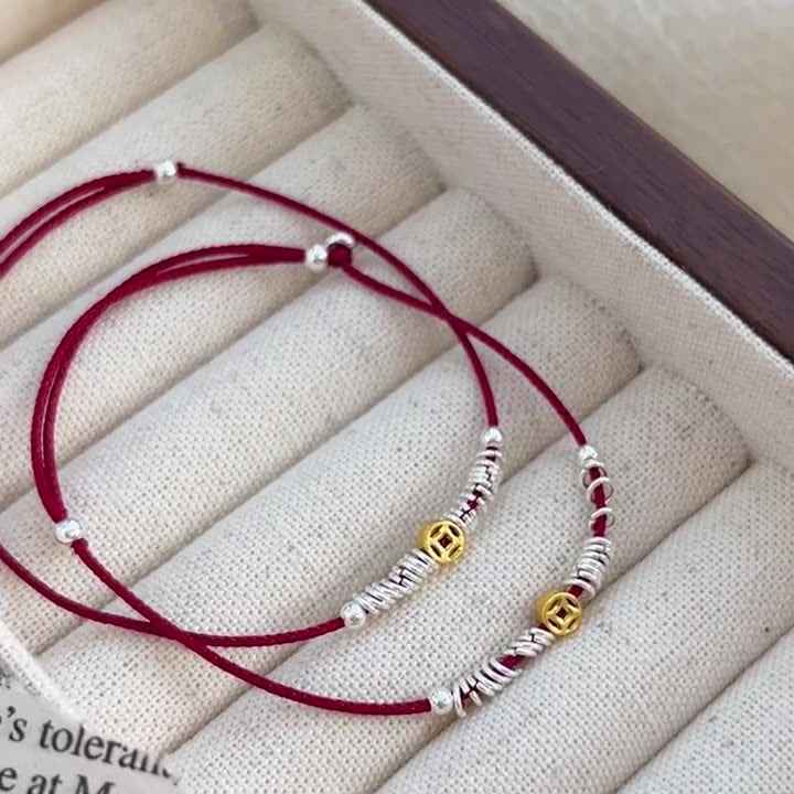 Copper Coin Silver beads red string bracelet protection bracelet - Lunaria