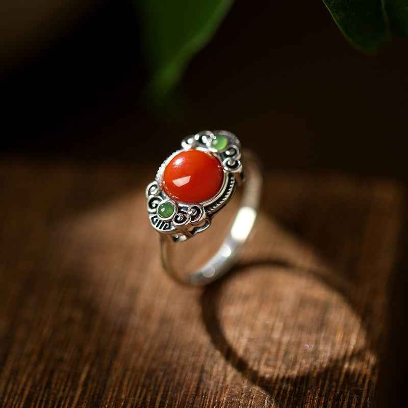 S925 silver South Red Agate Ring Jasper Retro Auspicious Cloud Ring - Lunaria
