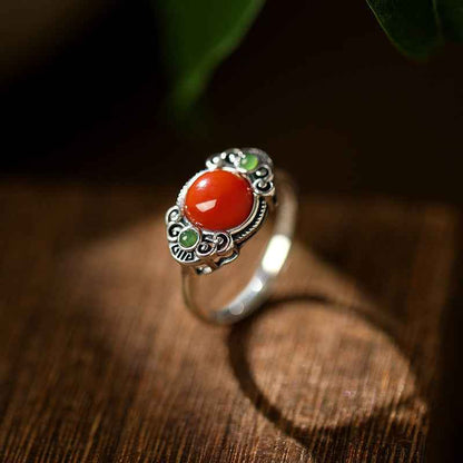 S925 silver South Red Agate Ring Jasper Retro Auspicious Cloud Ring - Lunaria
