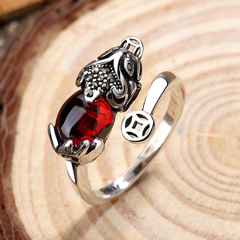 Lucky Copper Coin Garnet Pixiu Ring Silver Blessing Ring Opening Adjustable - Lunaria