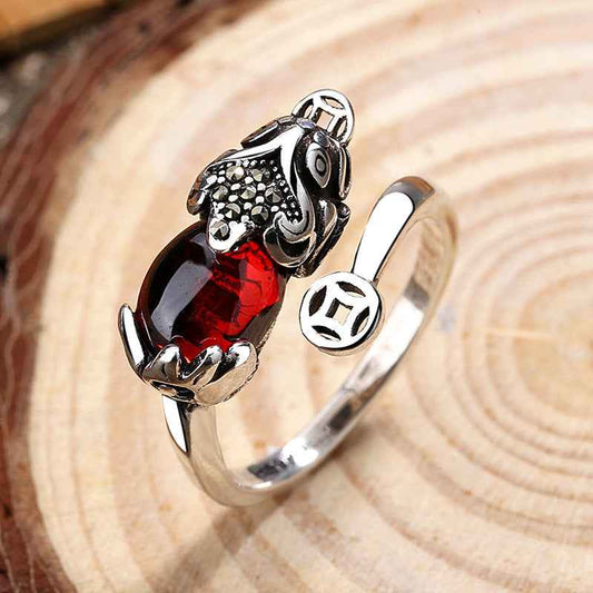Lucky Copper Coin Garnet Pixiu Ring Silver Blessing Ring Opening Adjustable - Lunaria