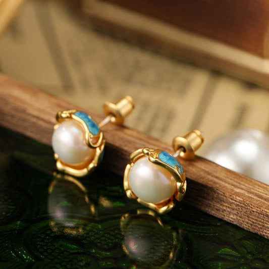 925 Silver Needle Natural Freshwater Pearl Earrings Vintage Enamel Earrings - Lunaria