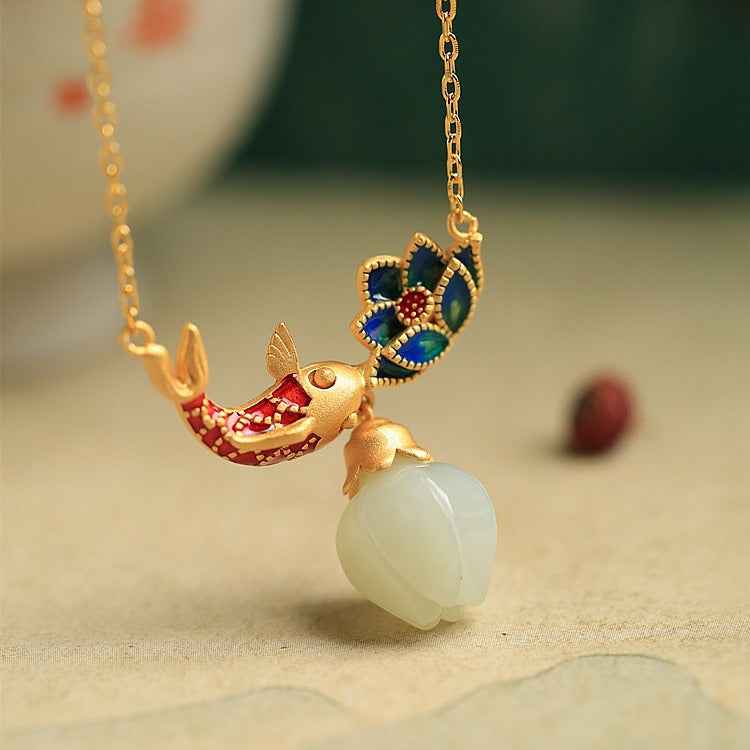 Sterling Silver Hetian Jade Necklace Enamel Koi Lotus Jade Pendant Necklace - Lunaria