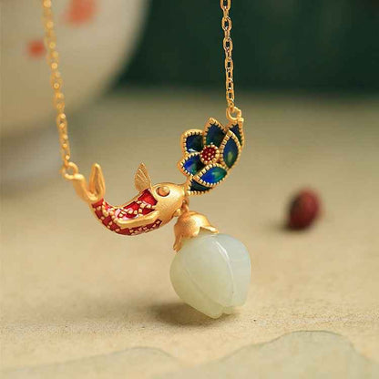 Sterling Silver Hetian Jade Necklace Enamel Koi Lotus Jade Pendant Necklace - Lunaria