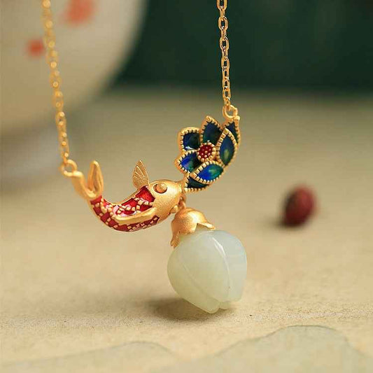 Sterling Silver Hetian Jade Necklace Enamel Koi Lotus Jade Pendant Necklace - Lunaria