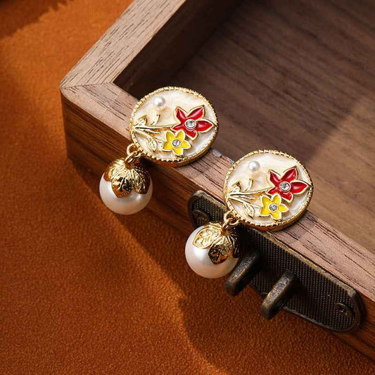 French Fresh Color Oil Drop Flower Pearl Earrings Retro Earrings - Lunaria