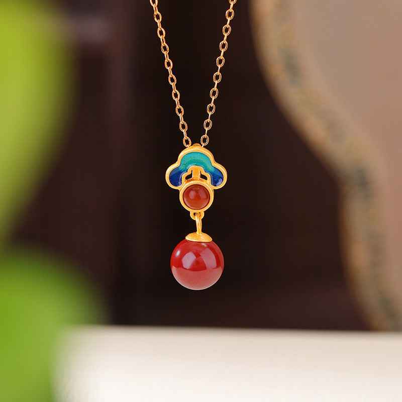 Vintage Auspicious Cloud Necklace Cinnabar Pendant Clavicle Chain - Lunaria