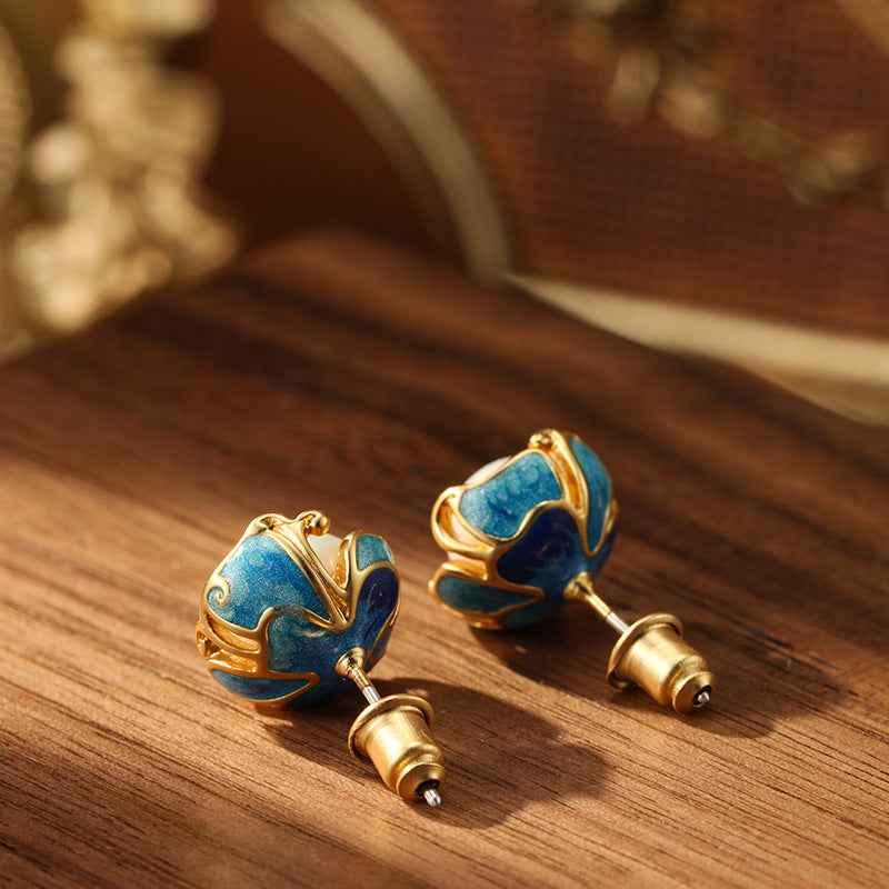925 Silver Needle Natural Freshwater Pearl Earrings Vintage Enamel Earrings - Lunaria