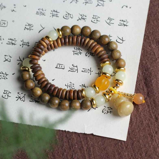 Green Sandalwood Beads DIY Gold Jade Gourd Bracelet Retro Buddhist Stone - Lunaria