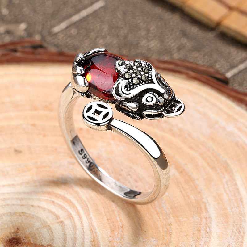 Lucky Copper Coin Garnet Pixiu Ring Silver Blessing Ring Opening Adjustable - Lunaria
