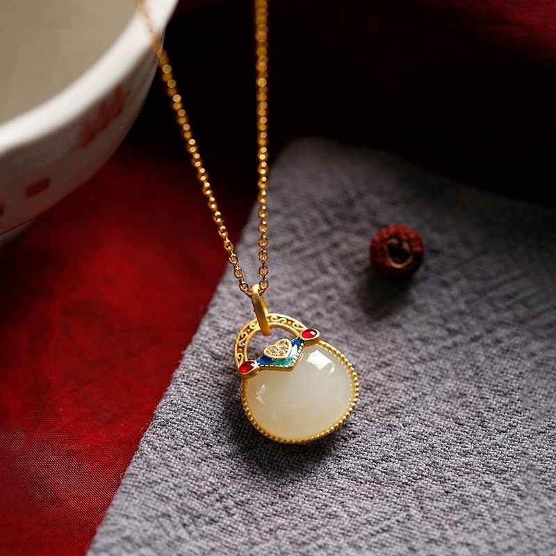 Hetian Jade Necklace Clavicle Chain Chinese Style Money Bag Jade Pendant - Lunaria