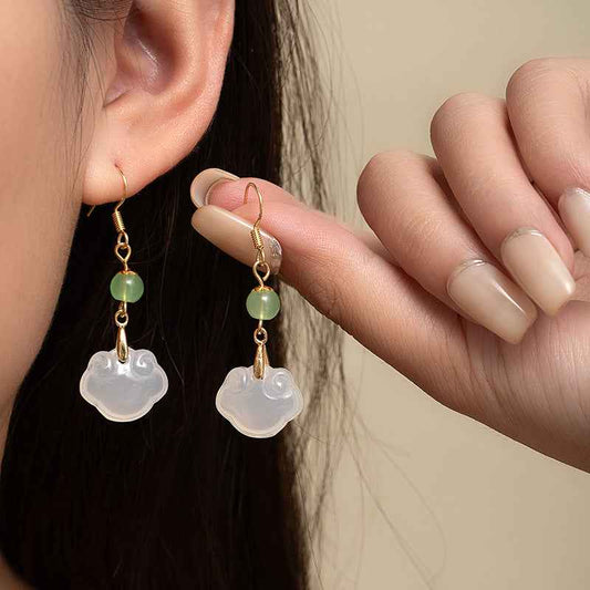 Peace Lock Ear Hooks Retro Hetian Jade Earrings Chinese Style Simple Earrings - Lunaria