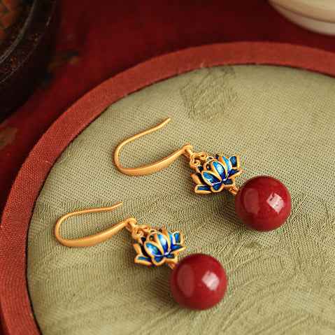 Vermillion Lotus Earrings Red Vintage Blue Enamel Earrings - Lunaria
