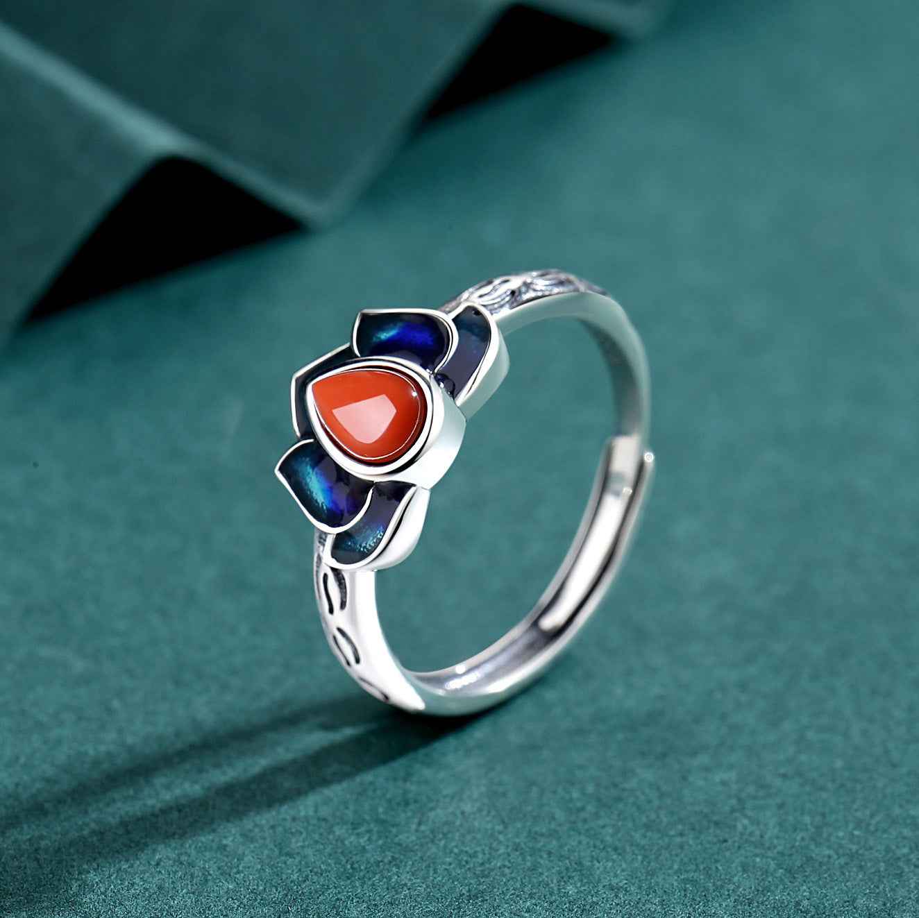 Tibetan Cloisonne Lotus Ring Chinese Style S925 Silver Retro Ring - Lunaria