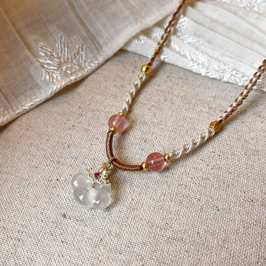 Natural Jade Peace Lock Pendant Necklace Hand-woven Clavicle Chain - Lunaria