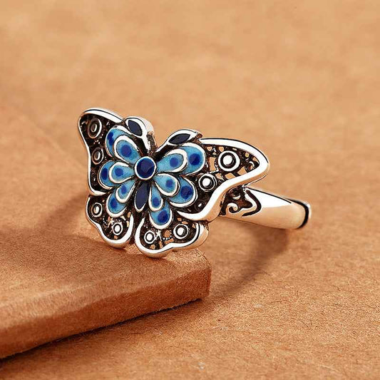 S990 Tibetan Retro Silver Hollow Enamel Butterfly Ring Open - Lunaria