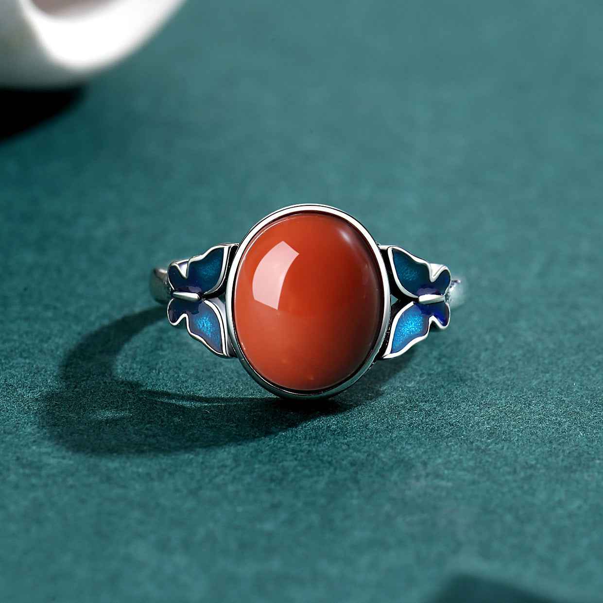 S925 Silver Enamel South Red Agate Vintage Butterfly Blue Open Ring - Lunaria