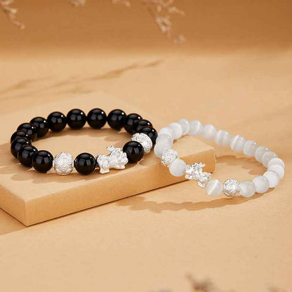 Silver Pixiu Obsidian Bracelet Cat's Eye Stone Couple Bracelet Valentine's Day Gift - Lunaria