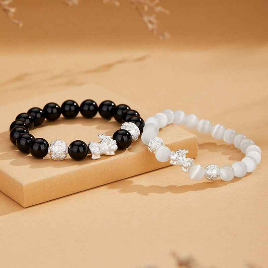 Silver Pixiu Obsidian Bracelet Cat's Eye Stone Couple Bracelet Valentine's Day Gift - Lunaria