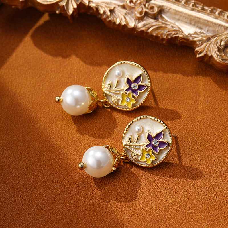 French Fresh Color Oil Drop Flower Pearl Earrings Retro Earrings - Lunaria