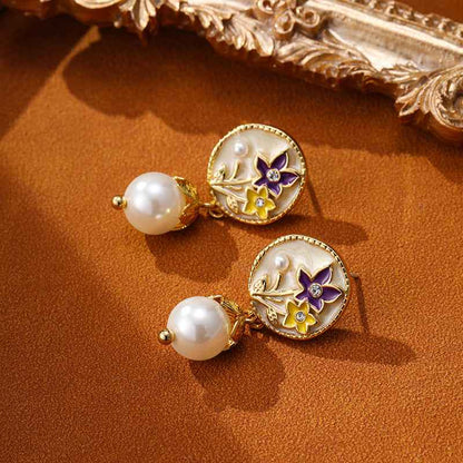 French Fresh Color Oil Drop Flower Pearl Earrings Retro Earrings - Lunaria