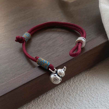 S999 Sterling Silver Gourd Red Rope Bracelet Hand-woven Retro Bracelet - Lunaria