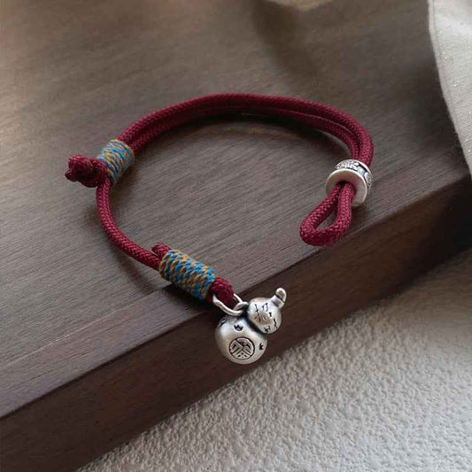 S999 Sterling Silver Gourd Red Rope Bracelet Hand-woven Retro Bracelet - Lunaria