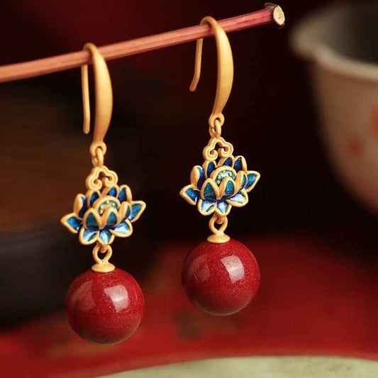 Vermillion Lotus Earrings Red Vintage Blue Enamel Earrings - Lunaria