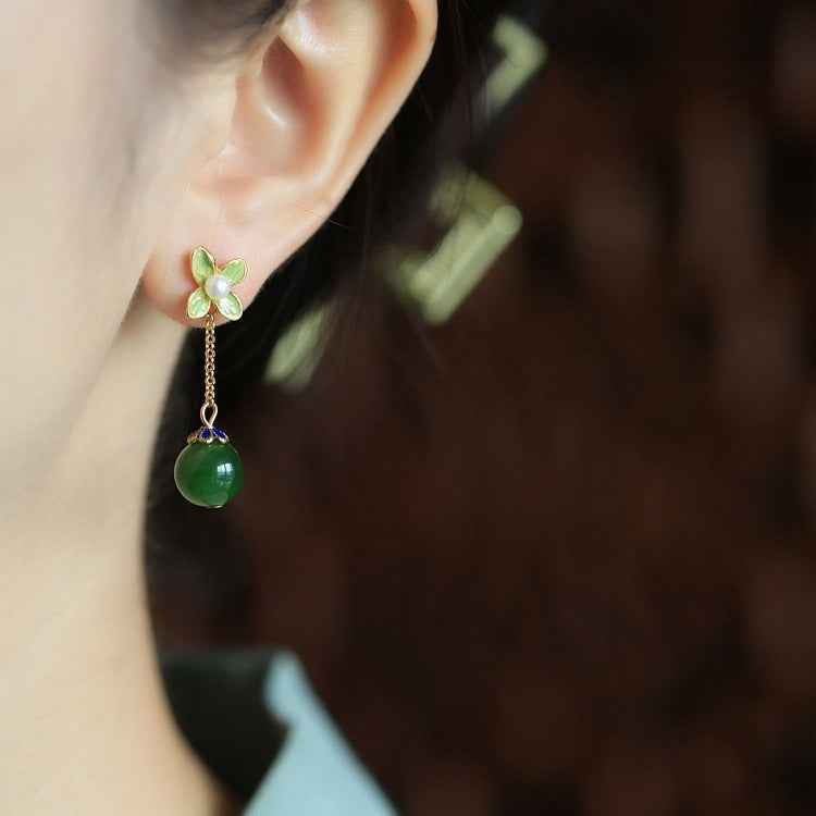 Natural Jasper Enamel Four-Leaf Clover Flower Sterling Silver Earrings Summer Earrings - Lunaria