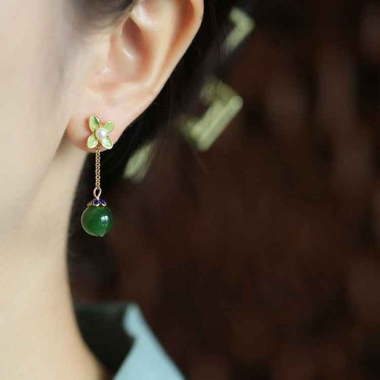 Natural Jasper Enamel Four-Leaf Clover Flower Sterling Silver Earrings Summer Earrings - Lunaria