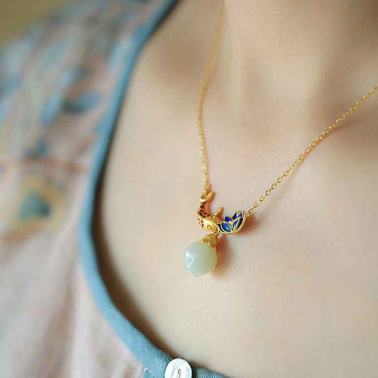 Sterling Silver Hetian Jade Necklace Enamel Koi Lotus Jade Pendant Necklace - Lunaria