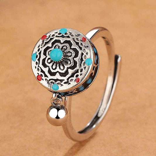 Tibetan Om Mani Padme Hum Enamel Lotus Prayer Rotatable Ring Opening Adjustable - Lunaria