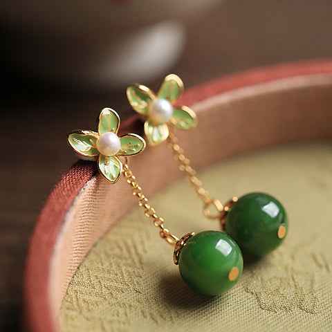 Natural Jasper Enamel Four-Leaf Clover Flower Sterling Silver Earrings Summer Earrings - Lunaria