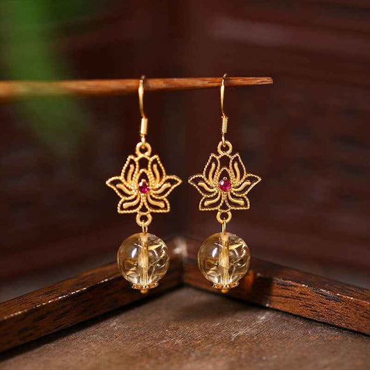 Natural Citrine Earrings Exquisite 925 Silver Needle Chinese Style Earrings - Lunaria
