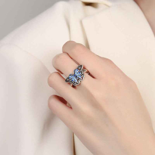 S990 Tibetan Retro Silver Hollow Enamel Butterfly Ring Open - Lunaria