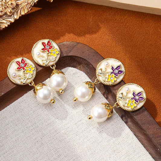 French Fresh Color Oil Drop Flower Pearl Earrings Retro Earrings - Lunaria