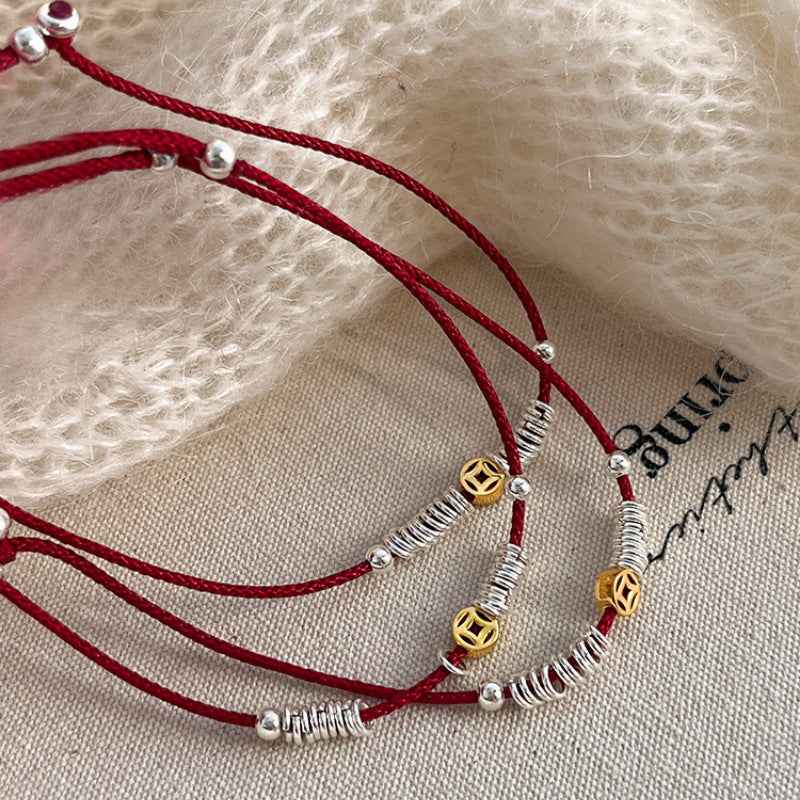 Copper Coin Silver beads red string bracelet protection bracelet - Lunaria