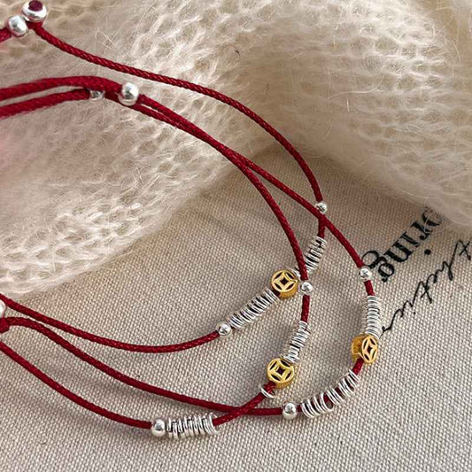 Copper Coin Silver beads red string bracelet protection bracelet - Lunaria