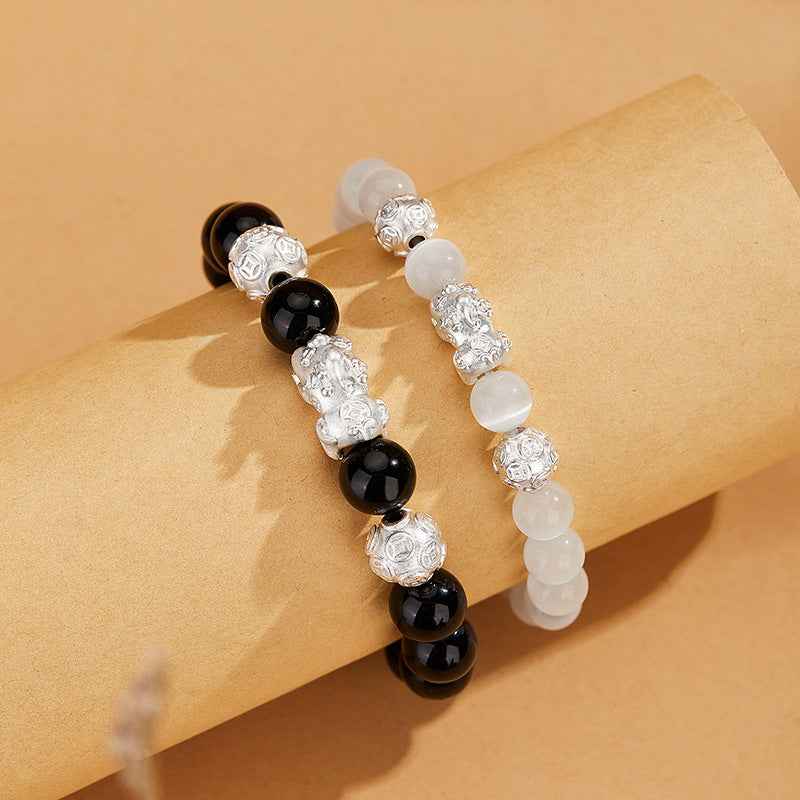 Silver Pixiu Obsidian Bracelet Cat's Eye Stone Couple Bracelet Valentine's Day Gift - Lunaria