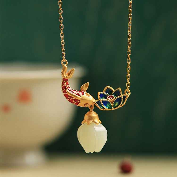 Sterling Silver Hetian Jade Necklace Enamel Koi Lotus Jade Pendant Necklace - Lunaria